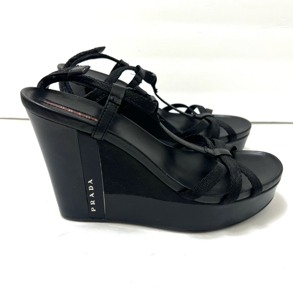 Prada Platform T Strap Wedge Heel Sandal Patent Leather Black EU 40 US 10 - Picture 2 of 15